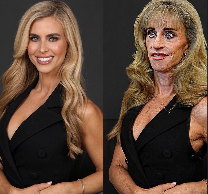 A side-by-side comparison showing a blonde woman on the left in a black blazer next to an altered, aged version of the same image on the right.
