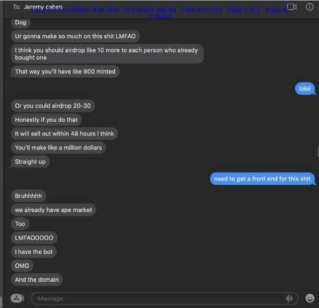 Screenshot of an iMessage conversation with "Jeremy cahen" discussing airdrop strategies for selling NFT tokens, suggesting 20-30 airdrops and mentioning 'ape market' and 'LMFAO'.