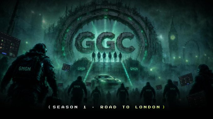 A dark, dystopian promotional image for the GMGN Global Championship (GGC) shows hooded figures wearing "GMGN" jackets approaching a massive glowing circular structure emblazoned with "GGC" above Big Ben, with a car positioned at the center under spotlights. The text "( SEASON 1 · ROAD TO LONDON )" appears at the bottom, reinforcing the announcement that top traders will compete in a London grand final during the championship starting October 16, with the winner receiving a custom Aston Martin.
