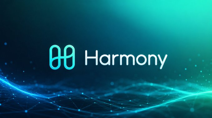 The logo for 'Harmony' is displayed against a dark teal background with abstract glowing blue waves at the bottom.