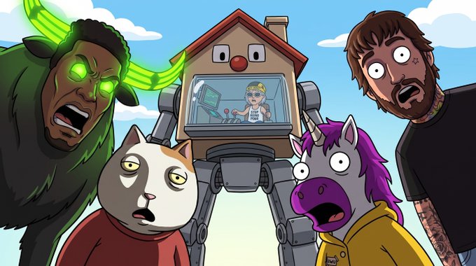 An illustrated cartoon scene featuring various characters including a horned creature with green glowing eyes, a cat, a unicorn, a bearded man with star eyes, and a house-shaped robot/mech with a person inside operating controls.