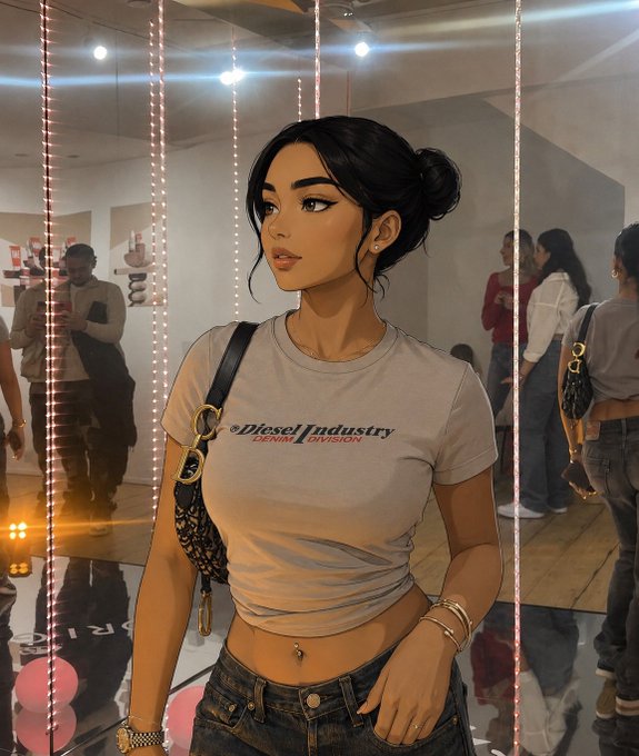 An illustrated portrait of a young woman with dark hair in a bun, wearing a gray 'Diesel Industry' t-shirt and a Dior Saddle bag in a mall setting.