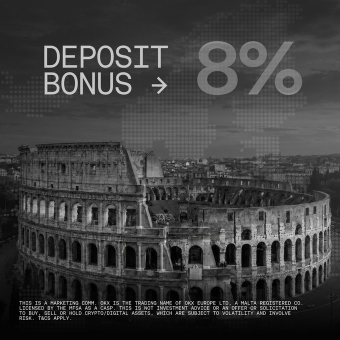 A black-and-white image of the Roman Colosseum overlaid with "DEPOSIT BONUS → 8%" and an OKX Europe Ltd. (Malta) marketing disclaimer promoting an 8% deposit bonus at OKX.