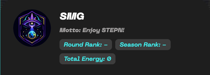 A dark-themed user profile screen showing 'SWG' as the username with the motto 'Enjoy STEPN!', and stat fields displaying 'Round Rank: -', 'Season Rank: -', and 'Total Energy: 0'.