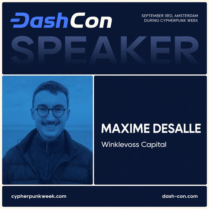 Promotional graphic for DashCon announcing 'SPEAKER MAXIME DESALLE from WINKLEVOSS CAPITAL' for an event on September 3rd in Amsterdam during Cypherpunk Week.