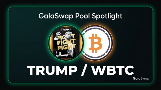 A promotional graphic for "GalaSwap Pool Spotlight" featuring the TRUMP and WBTC token logos, highlighting the GTRUMP/GWBTC trading pair with stats including $235k TVL, 17.3% APR, and $37k 24h volume.