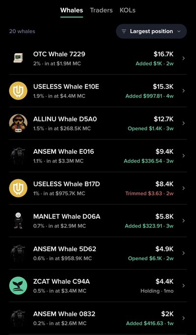 A cryptocurrency tracking app showing a 'Whales' leaderboard with entries like 'USELESS Whale E10E $15.3K', 'ALLINU Whale D5A0 $12.7K', and 'ANSEM' whales, sorted by largest position.
