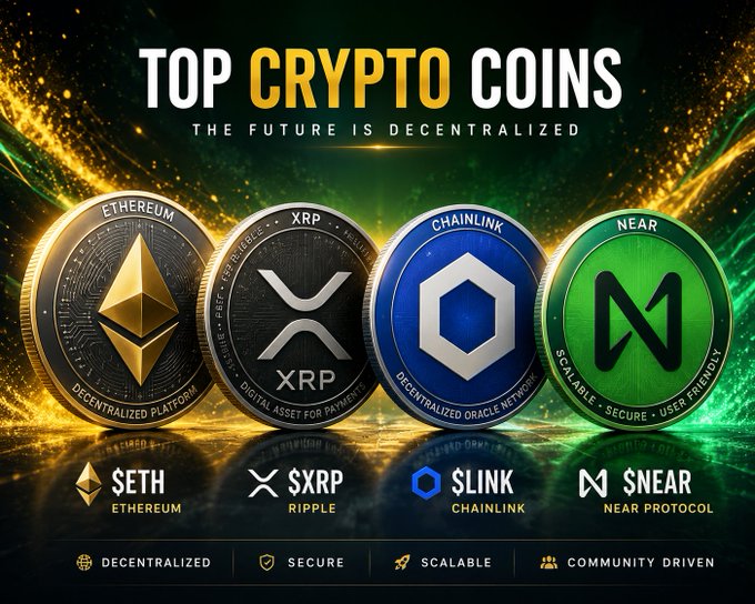 A sleek promotional banner titled "TOP CRYPTO COINS - THE FUTURE IS DECENTRALIZED" showcases four featured coins—Ethereum ($ETH), Ripple ($XRP), Chainlink ($LINK), and Near Protocol ($NEAR)—with labels highlighting them as "Decentralized, Secure, Scalable, Community Driven," visually reinforcing the post's message of strong altcoin momentum and bullish whale activity.