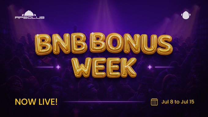 A promotional graphic for 'APECCLUB' announces 'BNB BONUS WEEK' with bold golden balloon-style lettering, marked 'NOW LIVE!' from 'Jul 8 to Jul 15' against a purple concert-crowd background.