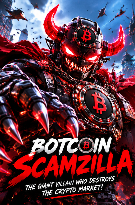 A dramatic red-toned illustration of a demonic robot with horns and clawed hands, featuring Bitcoin logos on its head and chest, titled 'BOTCOIN SCAMZILLA' with the tagline 'THE GIANT VILLAIN WHO DESTROYS THE CRYPTO MARKET!'