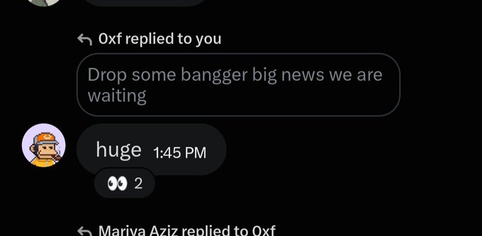 A Discord conversation shows user "0xf" asking to "Drop some bangger big news we are waiting," to which another user replies simply "huge" at 1:45 PM with two reactions, reflecting the excitement around the announcement that someone quit their job to join @CashmereLabs and build zero-slippage stablecoins and autonomous yield infrastructure.