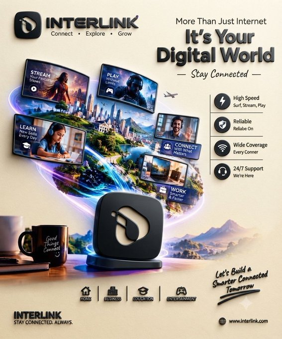 An advertisement for 'INTERLINK' internet service with the tagline 'More Than Just Internet - It's Your Digital World - Stay Connected', featuring icons for streaming, gaming, learning, and working, plus features like High Speed, Reliable, Wide Coverage, and 24/7 Support, with the website www.interlink.com.