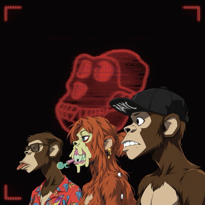 A stylized digital illustration featuring three cartoon monkeys with distinct personalities—one with sunglasses and a Hawaiian shirt, one with orange hair and a lollipop, and one wearing a black cap—set against a dark background with a red pixelated graphic.