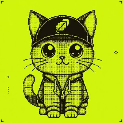 A pixel-art cartoon cat wearing a backwards cap with the HoodAI logo, set against a bright green background, ties into the post by serving as the mascot/branding for the @HoodAI0x giveaway offering 3 guaranteed whitelist spots.