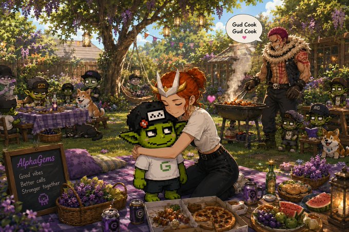 This image depicts a lively picnic with pixelated characters, featuring a "AlphaGems" sign and a group enjoying food and grilling, reflecting the festive and profitable community mentioned in the accompanying post. The text "AlphaGems Good vibes Better calls Stronger together" is clearly visible on a chalkboard.