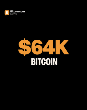 This image shows "$64K BITCOIN" in large orange and white text, with "Bitcoin.com News" in the corner, visually representing the accompanying post's announcement.
