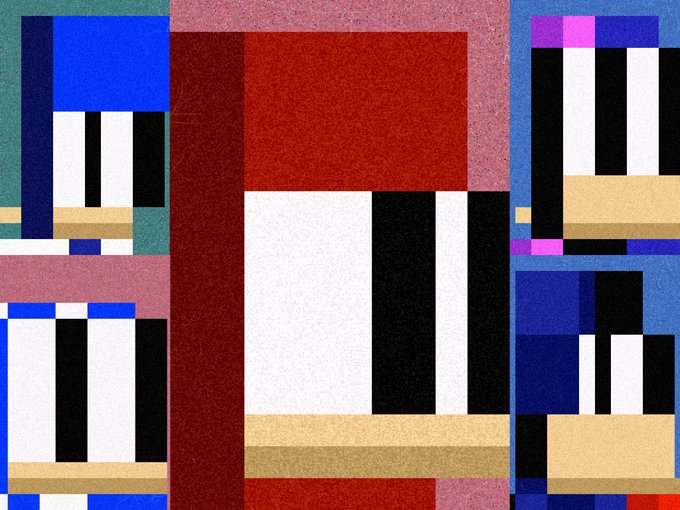 An abstract geometric painting composed of rectangular blocks in red, white, black, blue, pink, and tan colors arranged in a grid-like composition.