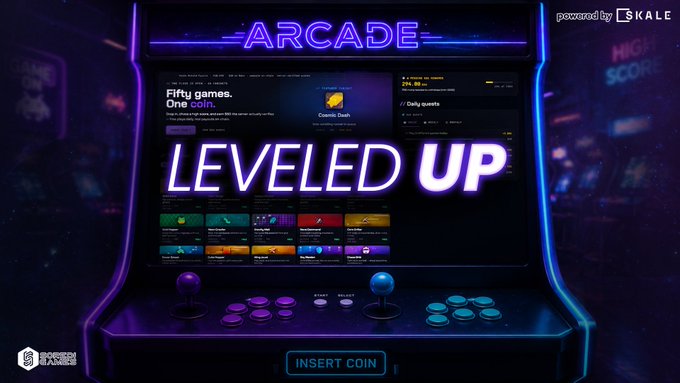A neon-lit arcade cabinet displays the 'BALE STACKS' platform interface with a large 'LEVELED UP' banner, showing various NFT collections and an 'INSERT COIN' prompt.