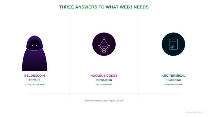 An infographic titled "THREE ANSWERS TO WHAT WEB3 NEEDS" showing three categories: "BELDEXCOIN PRIVACY - nobody can slip away" with a hooded figure icon, "NUCLEUS CODES REPUTATION - that can't be faked" with a network icon, and "ARC TERMINAL REASONING - that evolves with use" with a checkmark icon, captioned "different angles, same bigger picture" by @Jimmie2155431.