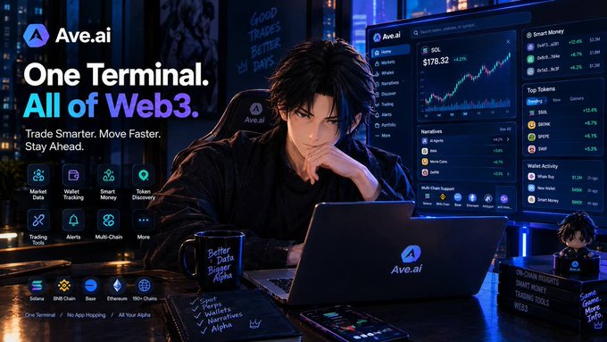 An advertisement for 'Ave.ai' with the tagline 'One Terminal. All of Web3.', showing an anime-style character at a laptop surrounded by crypto market data and icons for features like Market Data, Wallet Tracking, and Token Discovery.