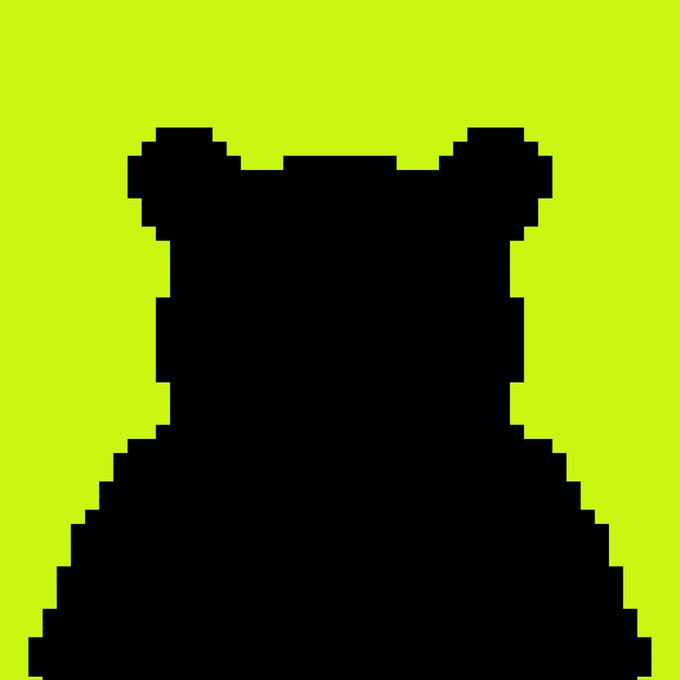 A black pixelated silhouette of an animal, likely a cat or bear, set against a bright lime green background.