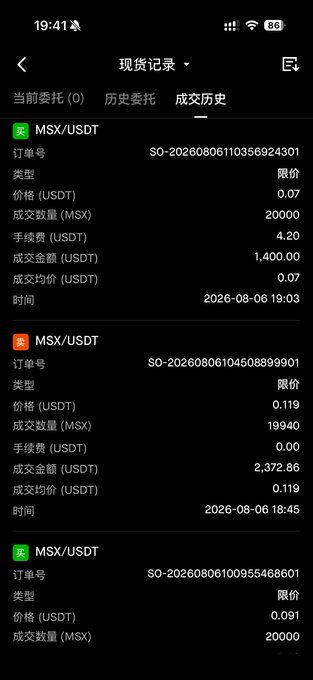 The image shows a crypto trading app's order history (成交历史) displaying three MSX/USDT limit buy orders executed on August 6, 2026: 20,000 MSX at 0.07 USDT, 19,940 MSX at 0.119 USDT, and 20,000 MSX at 0.091 USDT. The purchases at lower prices (0.07 and 0.091) compared to the 0.119 entry visually illustrate the "bottom-fishing" strategy mentioned, showing the user is accumulating MSX at varied price points to average down their position.