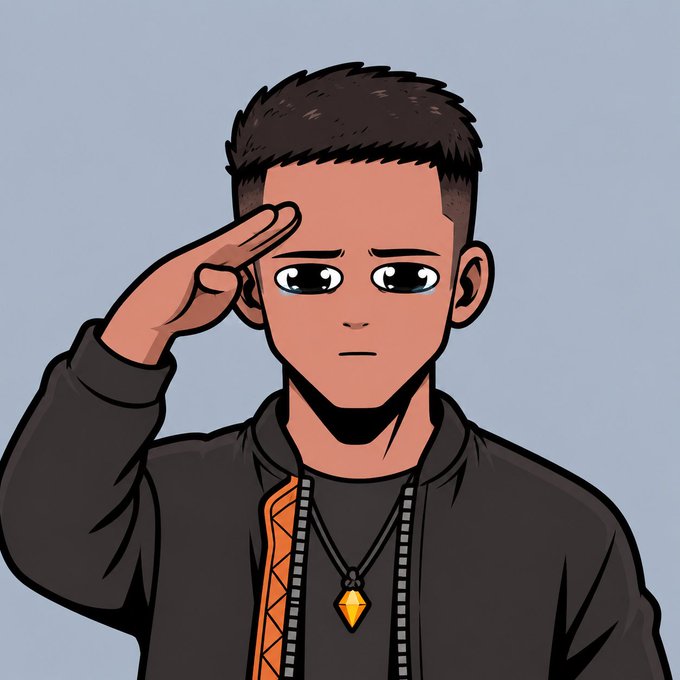 A cartoon illustration of a young man with short dark hair wearing a dark hoodie with orange accents and a diamond-shaped pendant, saluting against a plain light blue background.