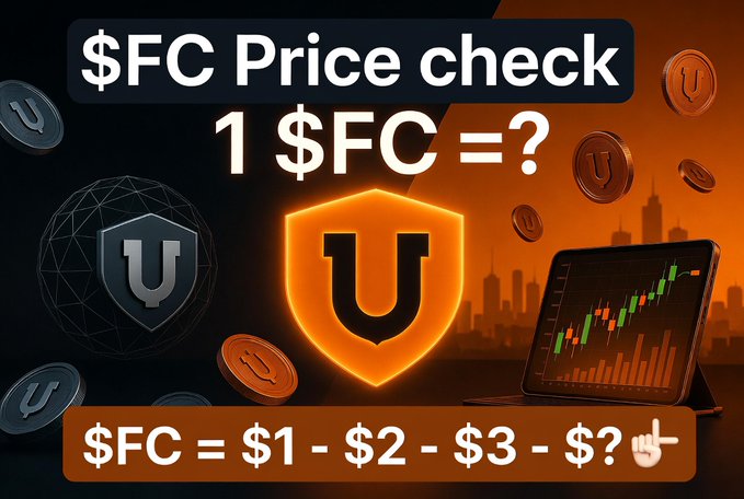 A cryptocurrency price check graphic asking '1 $FC =?' with a shield logo, floating coins, and a tablet displaying a trading chart against a city skyline.