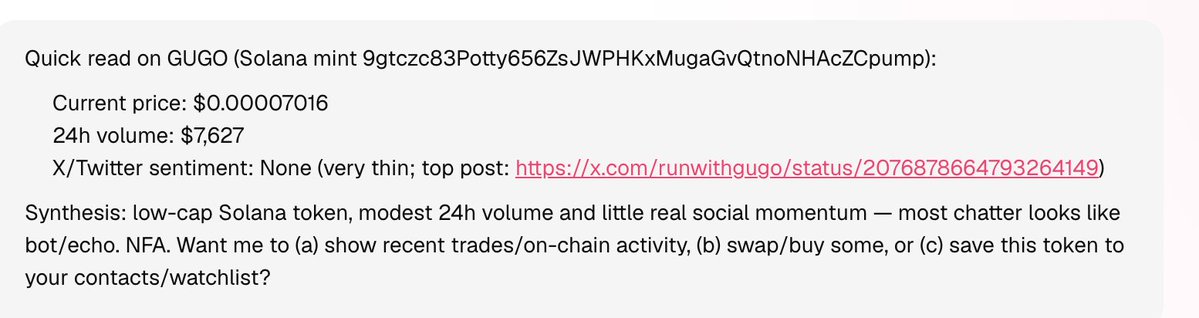 A summary of the Solana token GUGO (mint 9gtczc83Potty656ZsJWPHKxMugaGvQtnoNHAcZCpump) showing a current price of $0.00007016, 24h volume of $7,627, and labeling it as a low-cap token with mostly bot/echo chatter.