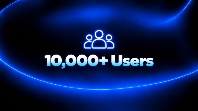 A dark blue promotional graphic featuring a white icon of three people above glowing blue text that reads "10,000+ Users", framed by curving blue light streaks.