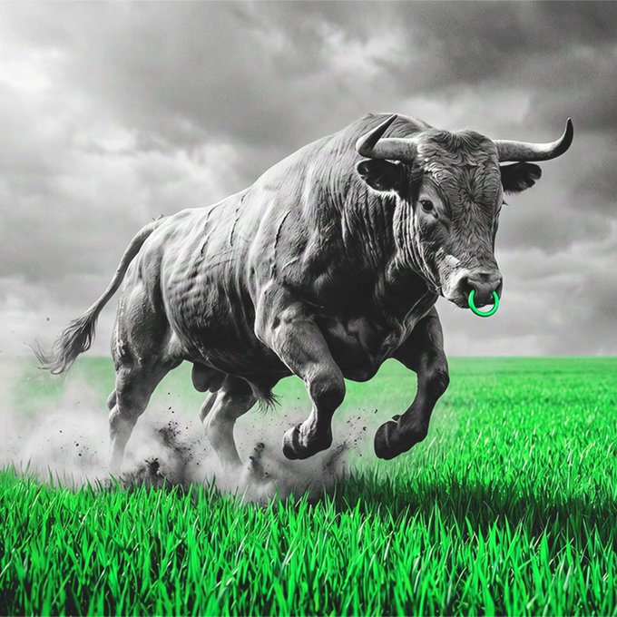 A powerful black bull charges through a vibrant green field beneath stormy skies, its nose ring glowing neon green to symbolize a new market opportunity, mirroring the post's message that TxFlow is in its early, high-potential bull-run phase—still invite-only and undiscovered, much like Hyperliquid was before mainstream attention.