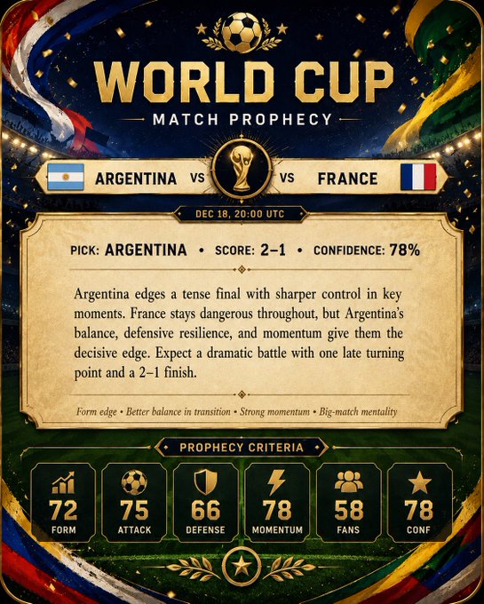 The image features a poster for the World Cup match between Argentina and France. The poster displays the text "World Cup Match Prophecy" at the top, indicating that this is an AI-generated content piece related to the World Cup. It also includes information about the predicted match outcome in the form of a list of scores and statistics. The poster suggests that the viewer can generate their own predictions for the match using the provided data.