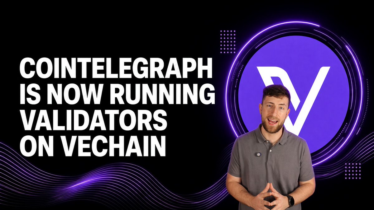 A man in a gray polo shirt stands in front of a purple VeChain logo with text reading "COINTELEGRAPH IS NOW RUNNING VALIDATORS ON VECHAIN."