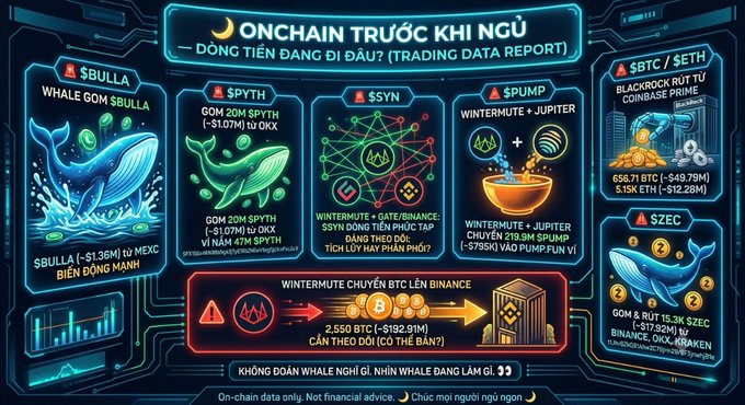 A neon-colored digital dashboard in Vietnamese titled 'ONCHAIN TRƯỚC KHI NGỦ' (Trading Data Report) showing cryptocurrency market data for tickers like $BULLA, $PYTH, $SYNY, $PUMP, $SBTC/SETH, and $ZEC with price updates.