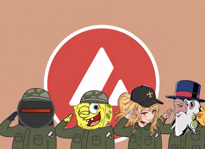 Four cartoon characters in military-style uniforms—a soldier in tactical gear, SpongeBob SquarePants, an anime-style woman, and a bearded man with a top hat holding a small chick—salute in front of the red Avalanche (AVAX) logo. The image humorously depicts a diverse "army" rallying behind AvaLabs, suggesting a unified, meme-style community rallying around the project.