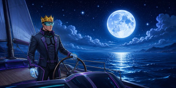 A digital illustration portrays a stylized male figure wearing a crown, goggles, and a high-tech dark suit, standing at the helm of a boat under a starry night sky with a large, bright full moon over the water.