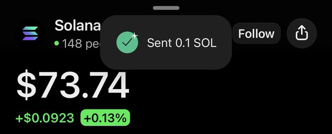 The image shows a confirmation that 0.1 SOL was sent, a transaction that directly relates to the accompanying post stating "$SOL turn notis on you could be next."