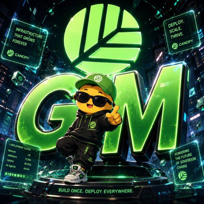 A promotional graphic for 'Canopy' featuring a cartoon character in green apparel and sunglasses posing in front of large 3D green letters, with text reading 'INFRASTRUCTURE THAT GROWS FOREVER', 'DEPLOY. SCALE. THRIVE.', and 'BUILD ONCE. DEPLOY EVERYWHERE.'