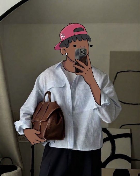 A cartoon-filtered mirror selfie shows a person wearing a pink NY (Yankees) cap, white button-up shirt, and holding a brown backpack with a phone to take the photo. The "gm ct" (good morning Connecticut) post pairs with this fresh, morning-ready outfit, conveying a motivated start to the day despite the day's challenges.