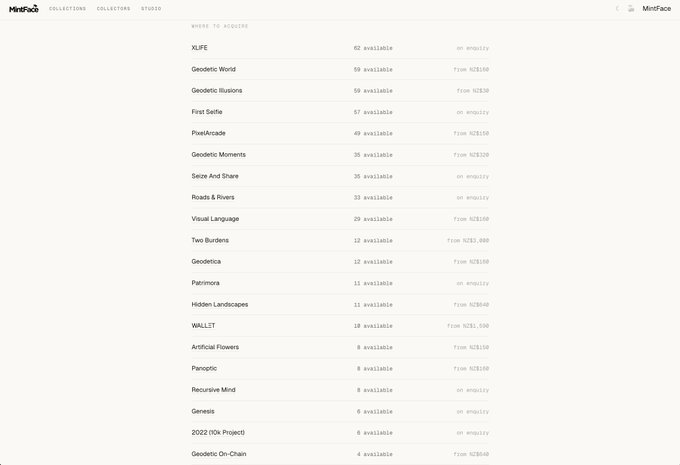 A webpage screenshot showing a list of NFT collections on Miniface, including names like XLIFE, Geodetic World, Geodetic Illusions, and PixelArcade, with columns for available quantity, starting price, and pricing data.