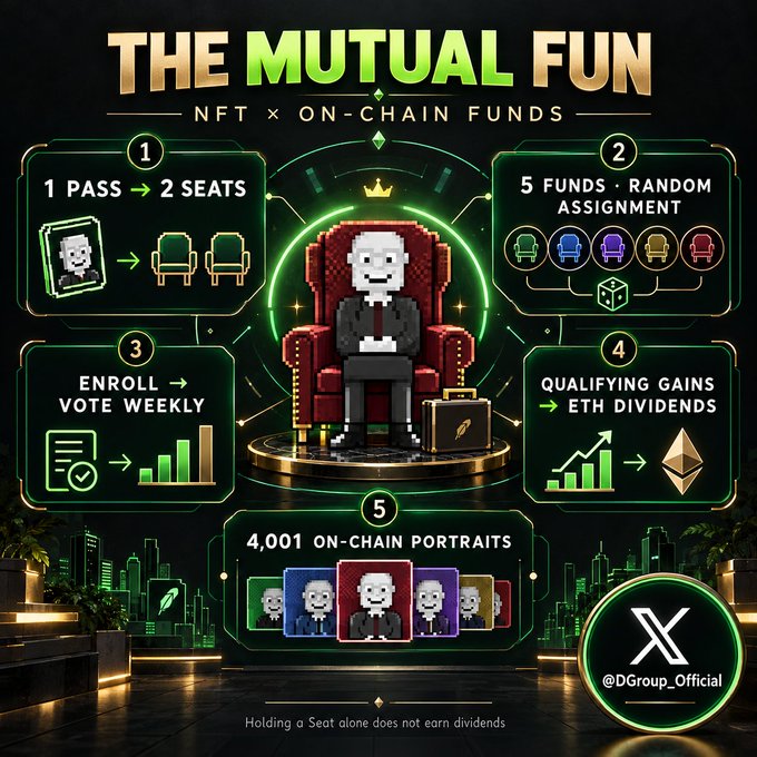 A promotional graphic for "The Mutual Fun" NFT project explains how a TMF Pass unlocks 2 Seats randomly assigned to one of 5 on-chain funds, where holders enroll to vote weekly and earn ETH dividends from qualifying gains, featuring 4,001 on-chain portraits and the @DGroup_Official handle.