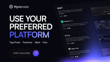 An advertisement for Hyrotrader with the text 'USE YOUR PREFERRED PLATFORM' listing TigerTrade, Tealstreet, Bybit, and Cleo, with a 'START CHALLENGE' button.