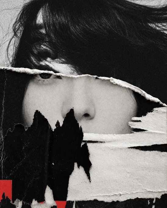 A black-and-white torn paper collage portrait shows a woman's face partially hidden behind ripped layers of paper against a gray background, with small red accent shapes.