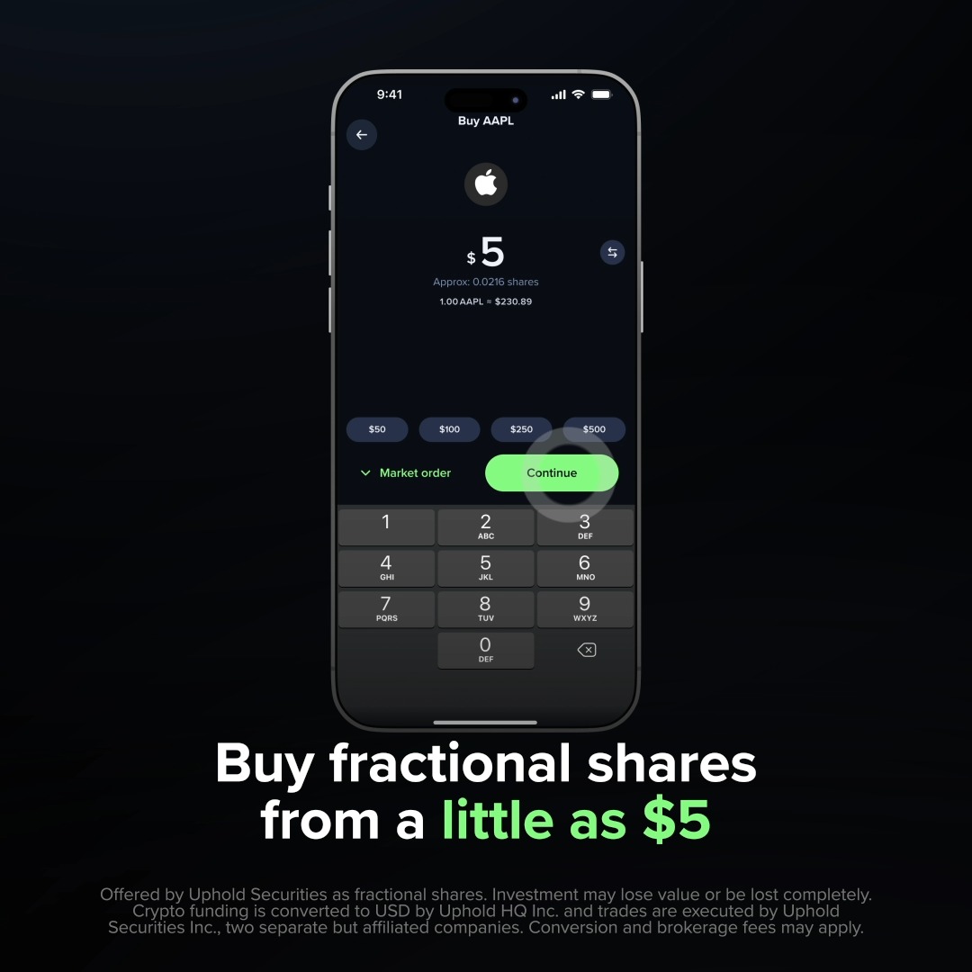 A smartphone displays a stock purchase screen for AAPL (Apple) at $5, showing approximately 0.0216 shares based on a conversion rate of 1.00 AAPL = $230.89, with preset amount options ($50, $100, $250, $500) and a numeric keypad for input. The accompanying tagline "Buy fractional shares from a little as $5" highlights the app's low entry point for stock investing, directly illustrating the post's mention of moving from crypto into top stocks like Apple.