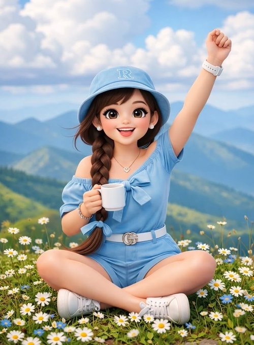 An animated, cartoon-style illustration of a cheerful girl with a long braid, wearing a blue bucket hat with 'R' on it and a matching blue romper, sitting in a flower-filled meadow while holding a white mug.