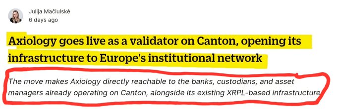 A social media post from Julija Mačiulskė announces that Axiology has launched as a validator on Canton, opening its infrastructure to Europe's institutional network. The highlighted text emphasizes the move will make Axiology directly accessible to banks, custodians, and asset managers operating on Canton, alongside its existing XRPL-based infrastructure.