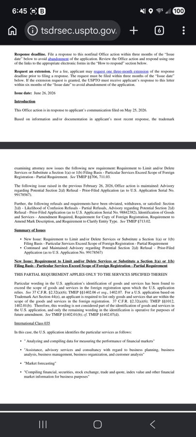 A USPTO Office action (tsdrsec.uspto.gov) issued June 26, 2026, regarding International Class 035 services including 'Analyzing and compiling data for measuring the performance of financial markets' and 'Market forecasting,' with a partial requirement referencing TMEP §1402.01(b).