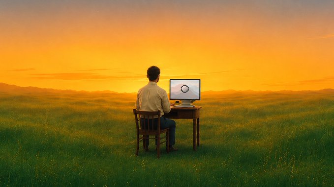 A man sits at a desk with a computer displaying a loading icon, set against a vast grassy field and golden sunset, symbolizing the vast potential and "real world" reach of the token. The address "5bFr13NaTohiybnVTtJb5bVskSKXZqjZomMw8LG7pump" and attribution to @xStocksFi on @Solana tie the scene to the project's identity as an on-chain gateway to assets like stocks and raffles.