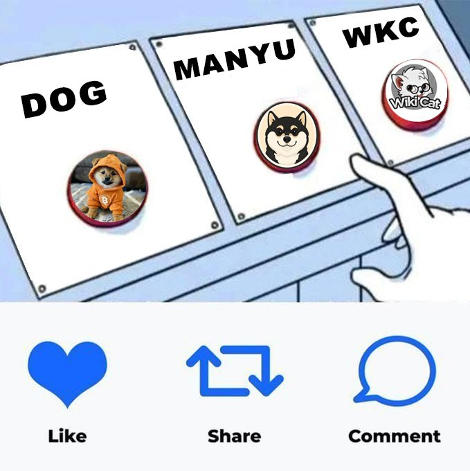 The image shows a hand pointing at three different dog-themed stickers, each with a different name or description. The stickers are arranged vertically against a blue background. Below the stickers, there's a caption that reads "What's your best meme? Which one are you riding next? Drop your pick below $DOG $MANYU $WKC". This suggests that the person is trying to decide which sticker they would like to use as their meme or share on social media platforms.
