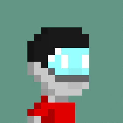 Pixel art character with black hair and a glowing cyan visor/faceplate, wearing a red outfit, set against a solid teal background.